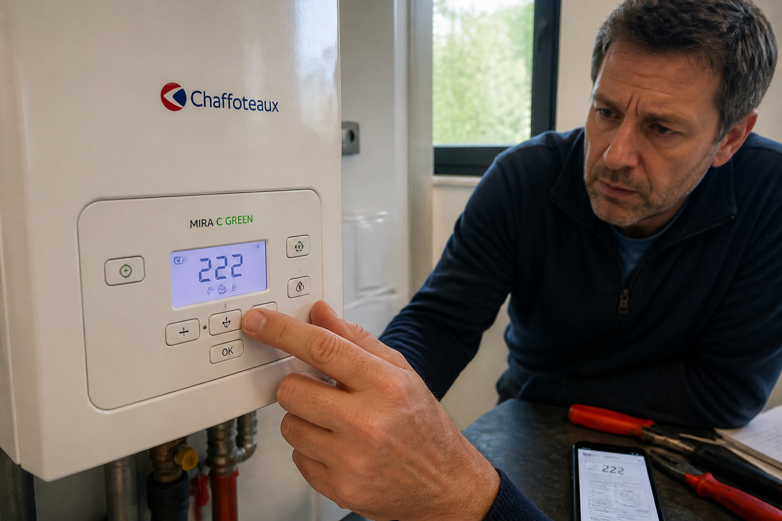 Code 222 sur une chaudière Chaffoteaux Mira C Green : erreur ou menu technicien ?
