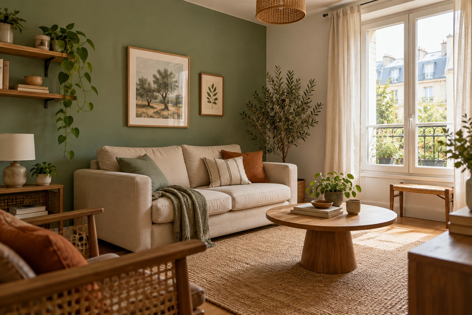 Canapé beige, coussins verts et terracotta, table basse ronde en bois, plantes et grande fenêtre