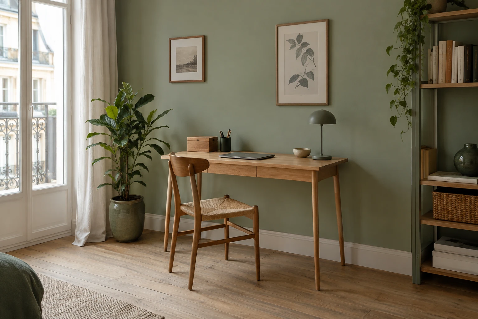 Bureau en bois minimaliste devant mur vert sauge, plante, lampe et chaise tressée