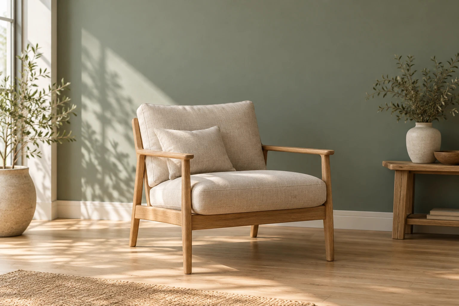 Fauteuil en bois clair avec coussin beige dans salon aux murs couleur sauge