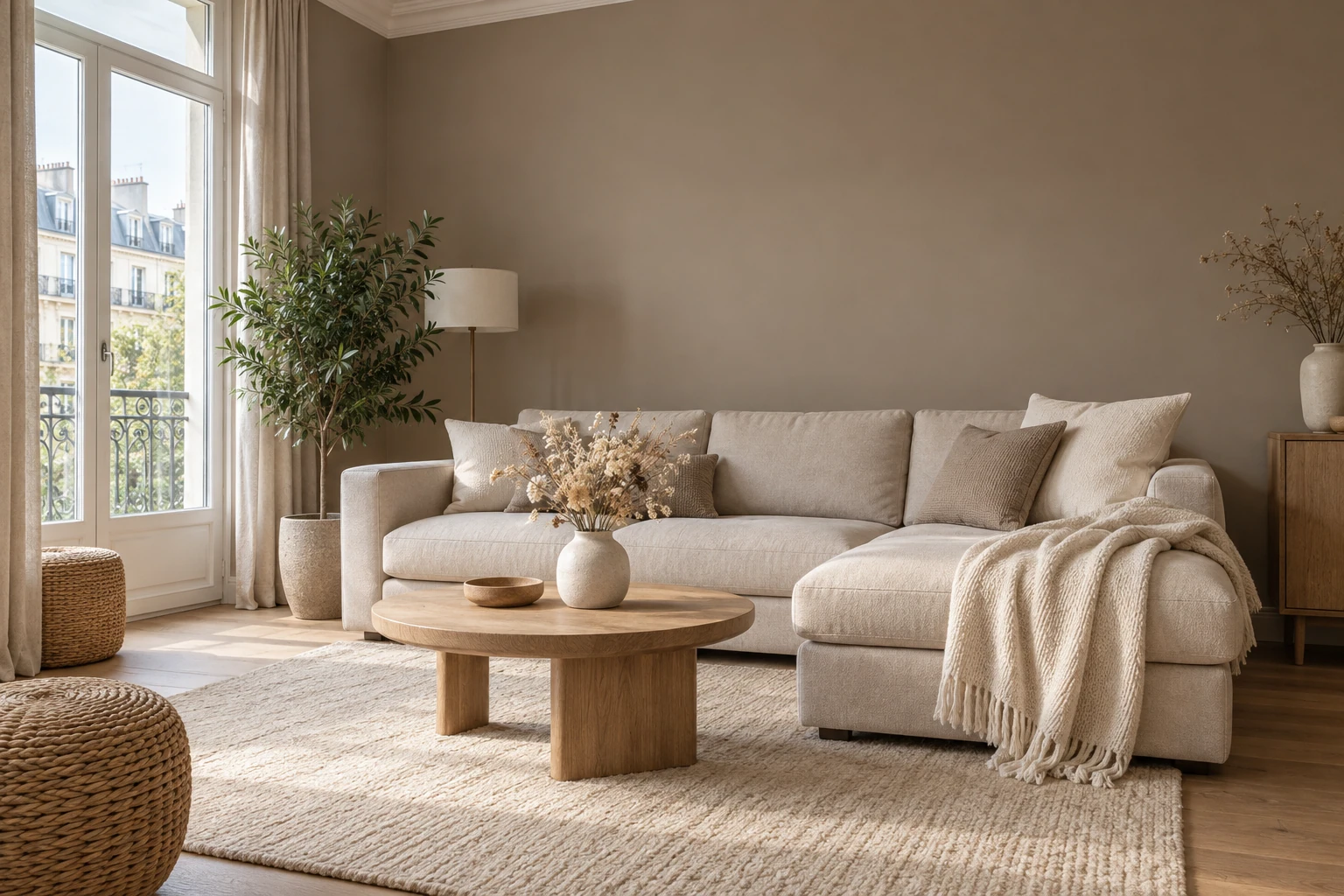 Salon taupe lumineux avec canapé d'angle, table basse ronde en bois, plantes sécheresse