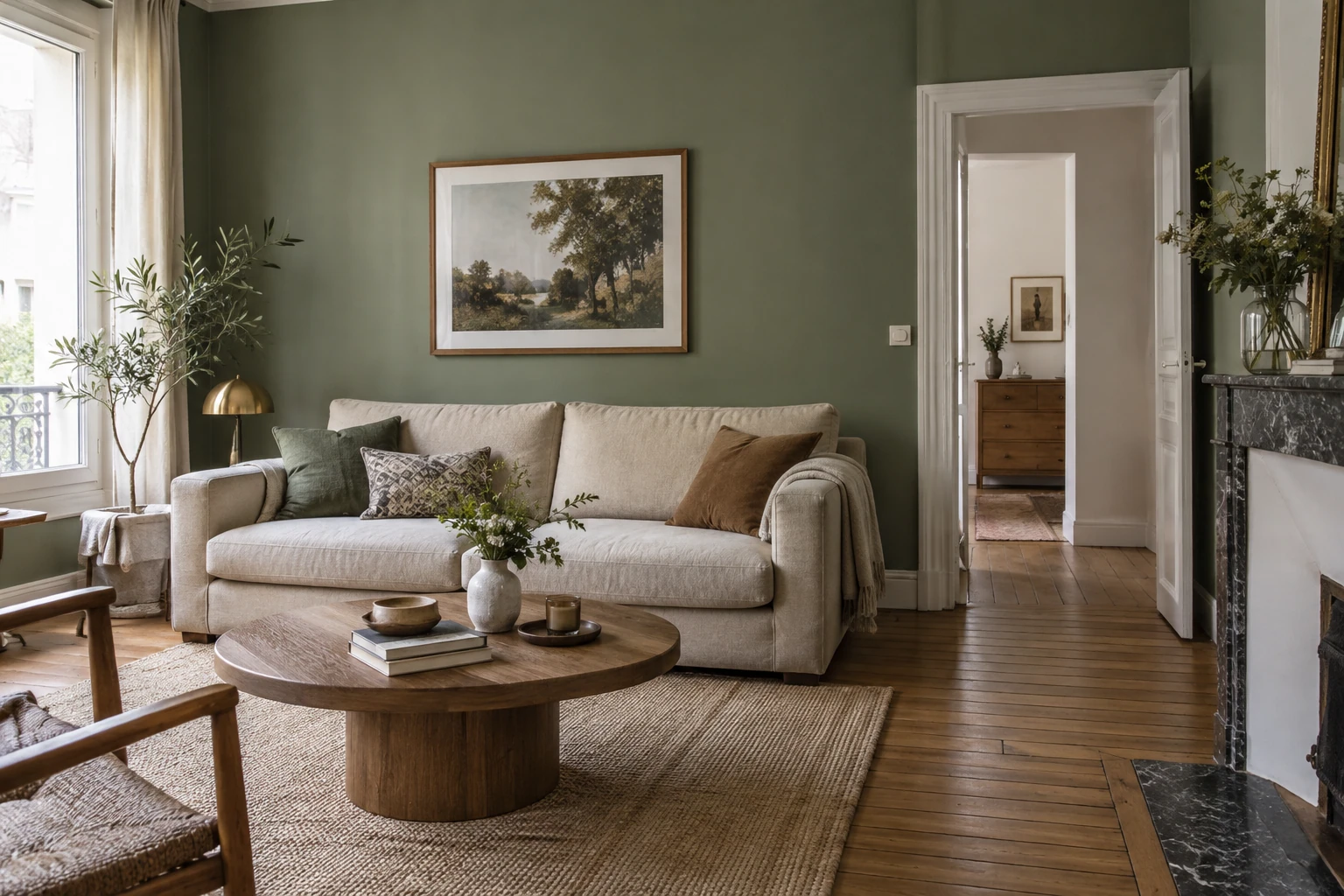 Salon lumineux vert sauge avec canapé beige, table basse ronde en bois, plante et tapis en jute