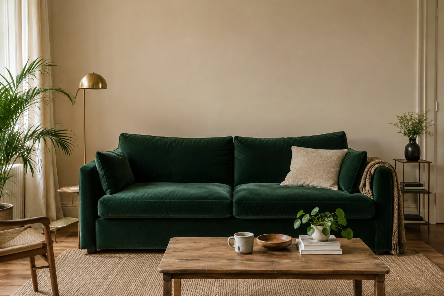 Canapé vert profond avec coussins, table basse bois, plante et lampe dorée