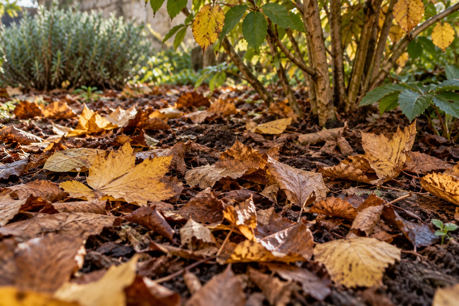 Paillage de feuilles mortes brunes et jaunes autour d’un arbuste en automne