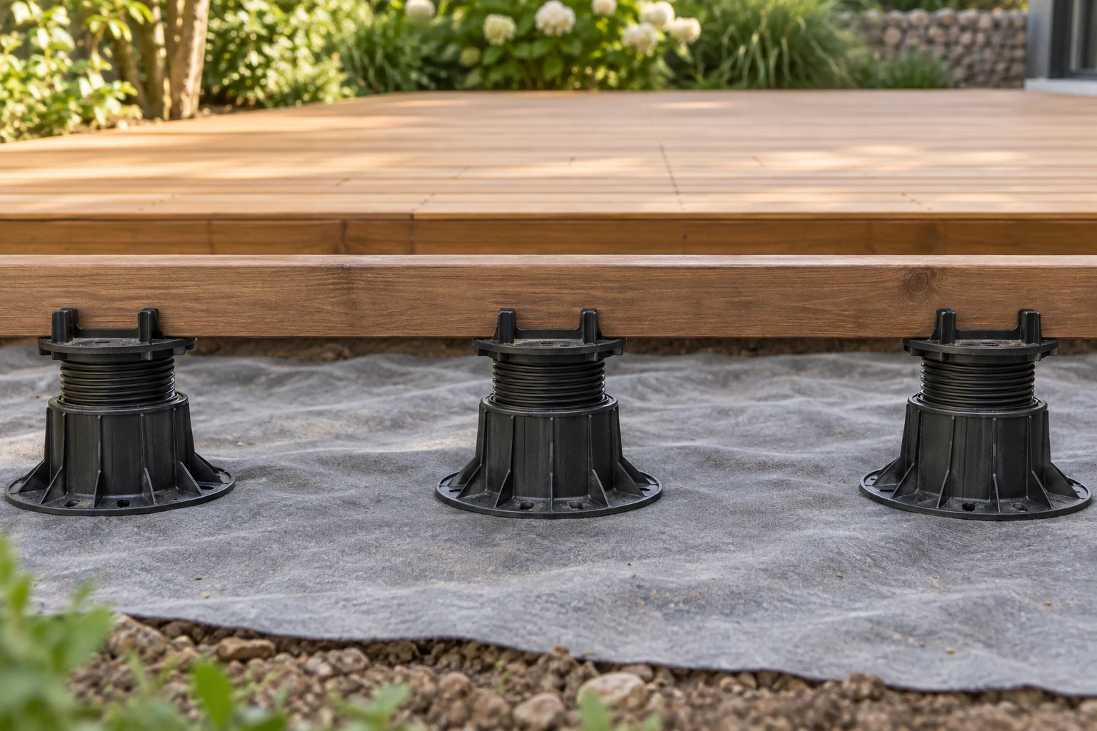 Plots réglables en plastique soutenant lambourde et lame de terrasse en bois naturel
